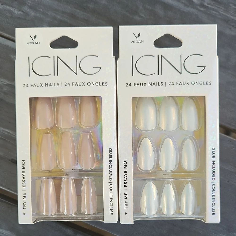 2pc Nail Set, Icing Vegan Faux Nails - Pearl White and Nude Color With Glue